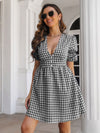 Decorative Button Plaid Short Sleeve Dress