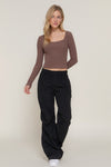 Long slv sweetheart neck seam detail knit top