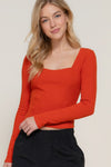 Long slv sweetheart neck seam detail knit top