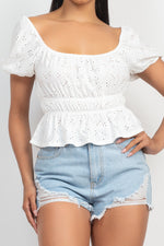 Puff Sleeve Eyelet Peplum Top